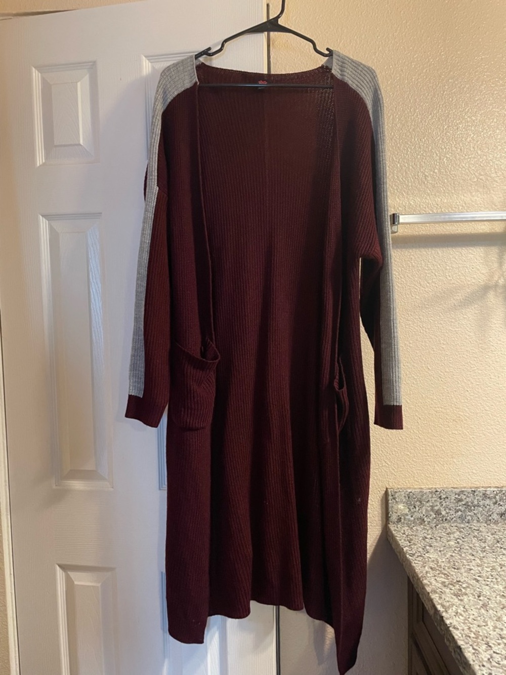 Long Open-Front Ribbed Cardigan Dress - Burgundy with Gray Sleeves